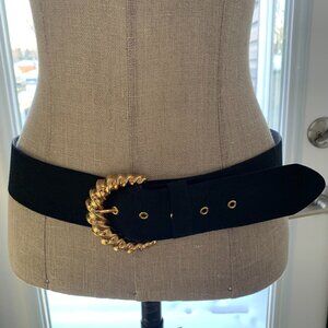 Vintage Wide Statement Belt Womens L Black Fabric Gold 90s Glam Buckle Retro 80s